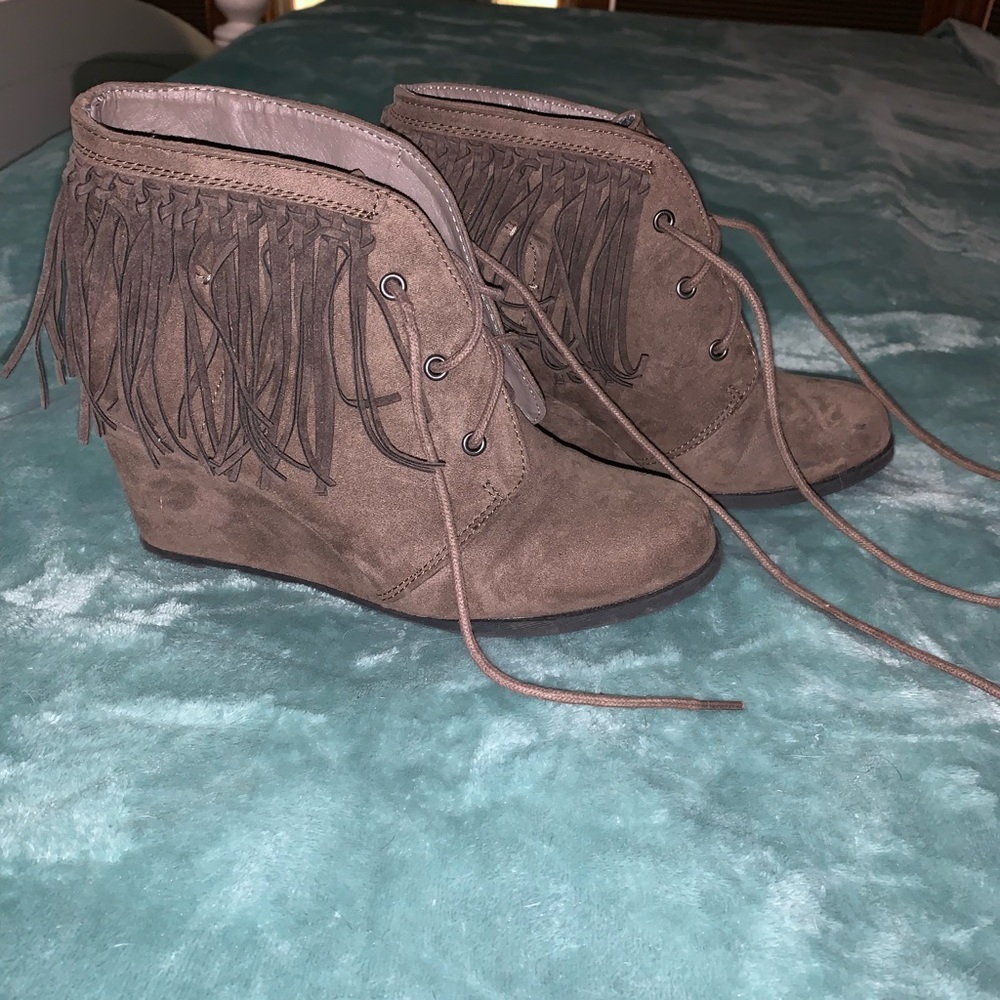 Brown wedge fringe boot size 8